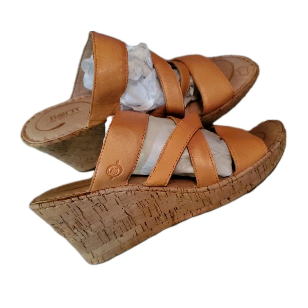 Born Leather Cork Wedge Size 11 Strappy Sandals Shoes Orange Leather